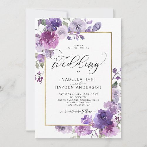 Mauve Dusty Purple Lilac Floral Gold Foil Wedding Invitation