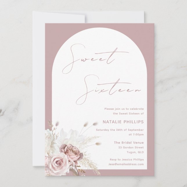 Mauve Dusty Rose Arch Blush Floral Sweet 16 Invitation (Front)