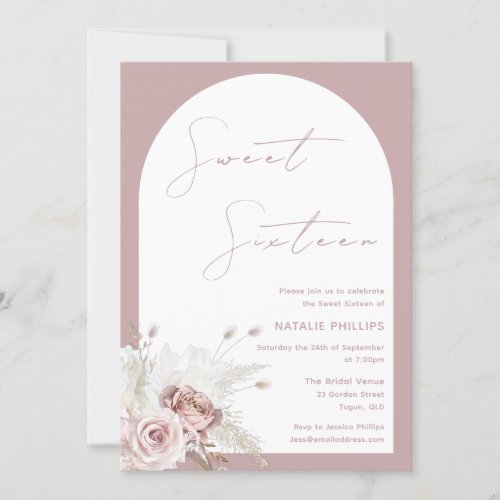 Mauve Dusty Rose Arch Blush Floral Sweet 16 Invitation