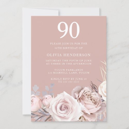 Mauve  Dusty Rose Blush 90th Birthday Party Invitation