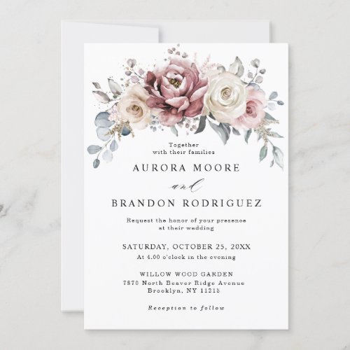 Mauve Dusty Rose Khaki Floral Wedding Invitation