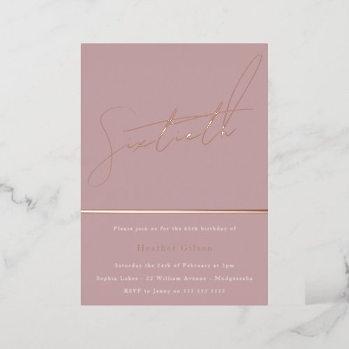 Mauve Dusty Rose Pink 60th Birthday Party Golden Foil Invitation