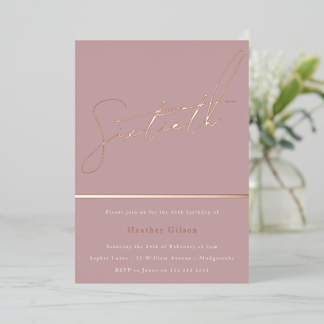 Mauve Dusty Rose Pink 60th Birthday Party Golden Foil Invitation (Standing Front)