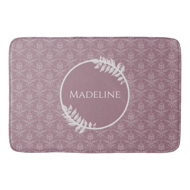 Mauve Elegant Damask Personalized Bath Mat (Front)