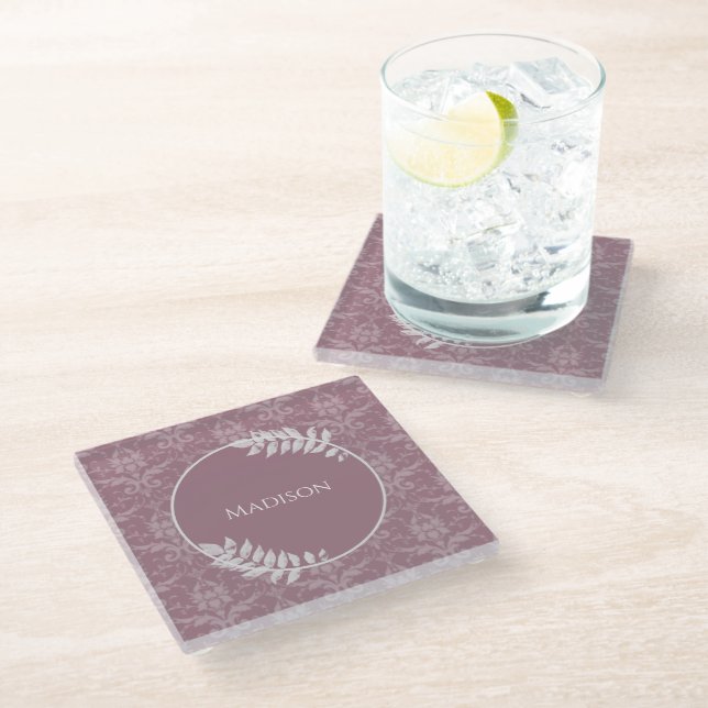 Mauve Elegant Damask Personalized Glass Coaster (Angled)