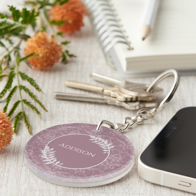Mauve Elegant Damask Personalized Keychain (Front Right)
