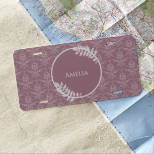 Mauve Elegant Damask Personalized License Plate