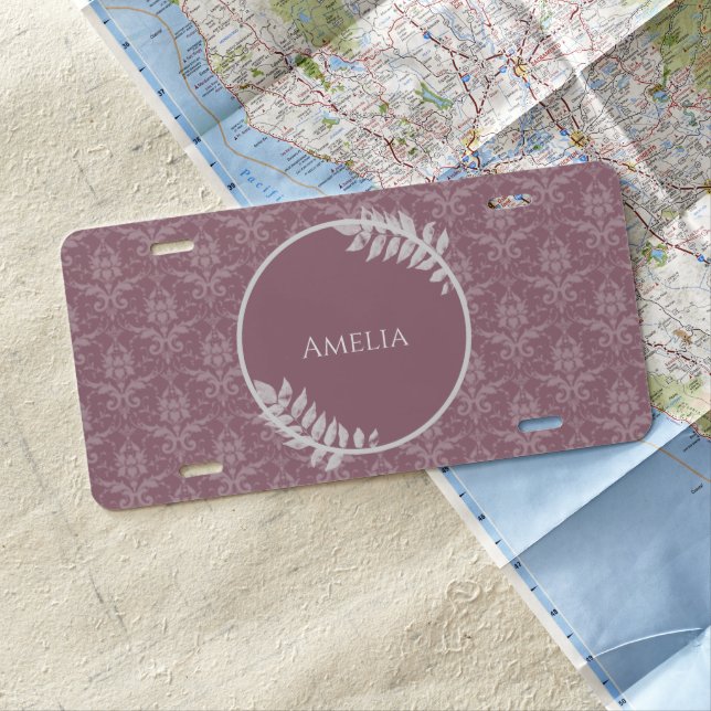 Mauve Elegant Damask Personalized License Plate (In Situ)