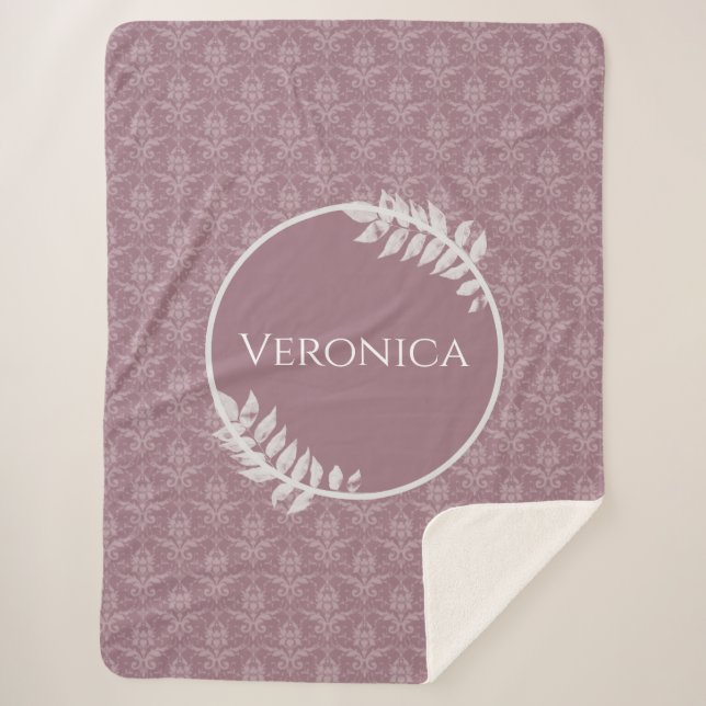 Mauve Elegant Damask Personalized Sherpa Blanket (Front)