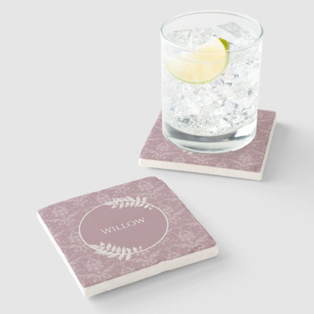 Mauve Elegant Damask Personalized Stone Coaster (Side)