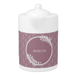 Mauve Elegant Damask Personalized Teapot