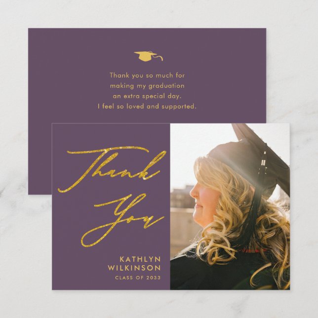 Mauve Elegant Gold Script Photo Graduation Thank You Card (Front/Back)