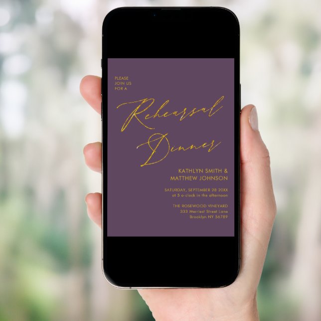 Mauve Elegant Gold Script Rehearsal Dinner QR code Invitation (Front Digital)