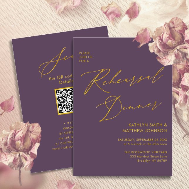 Mauve Elegant Gold Script Rehearsal Dinner QR code Invitation (Creator Uploaded)