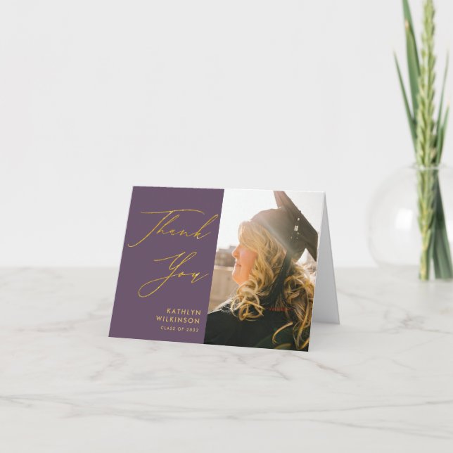 Mauve Elegant Gold Script Simple Photo Graduation Thank You Card (Front)