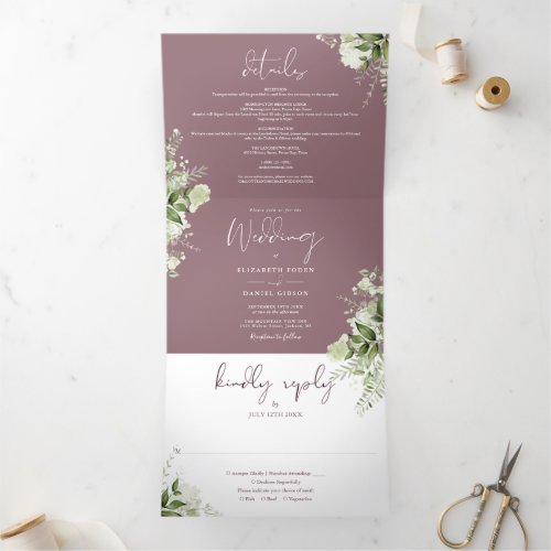 Mauve Elegant Greenery Floral Photo Wedding Tri_Fold Invitation