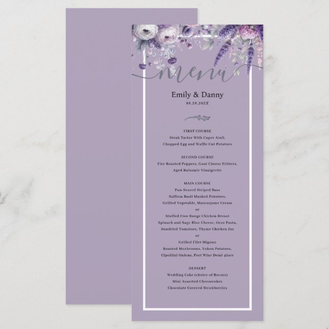 Mauve Elegant Lavender Botanical Wedding Menu (Front/Back)