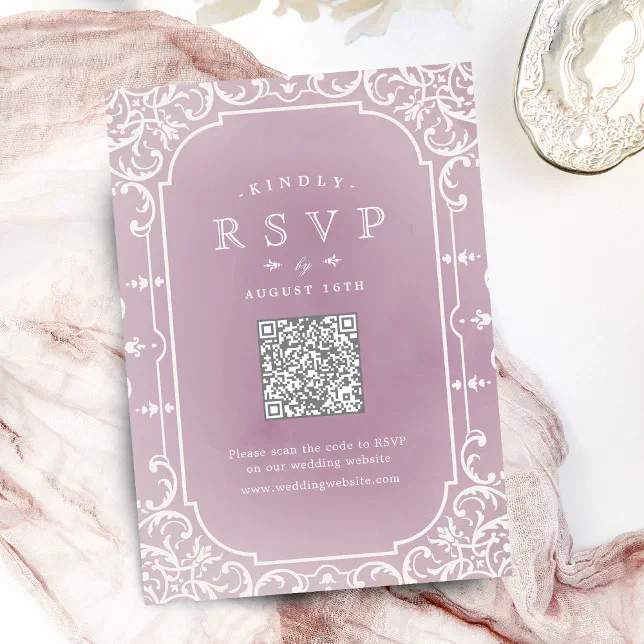Mauve elegant romantic vintage wedding QR code RSVP Card | Zazzle