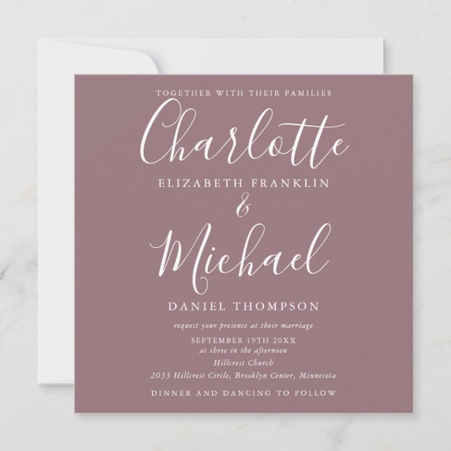 Mauve Elegant Script All In One Wedding Invitation (Front)