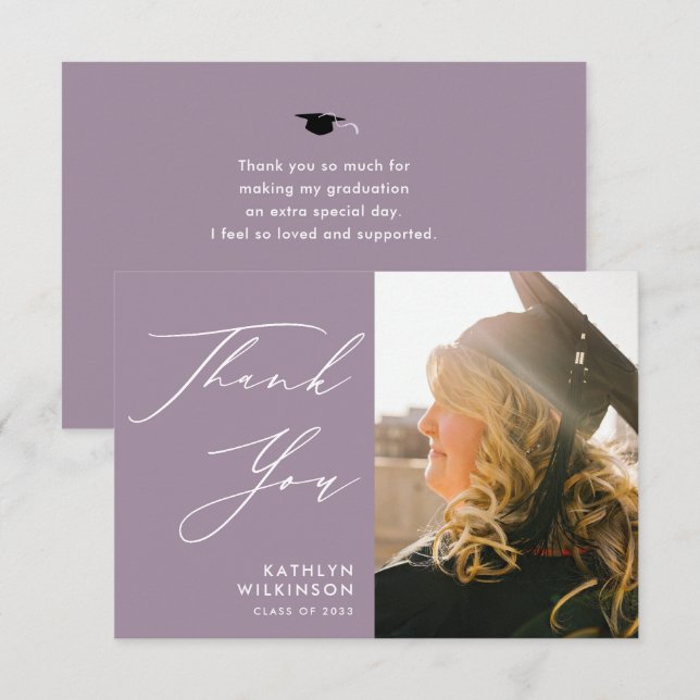 Mauve Elegant Script Minimalist Photo Graduation Thank You Card (Front/Back)