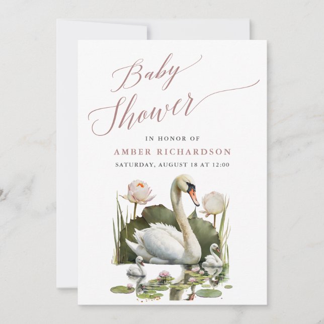 Mauve Elegant Script Minimalist Swan Baby Shower Invitation (Front)