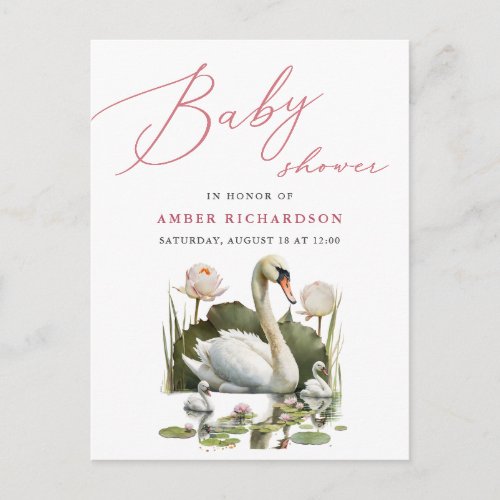 Mauve Elegant Script Minimalist Swan Baby Shower Invitation Postcard