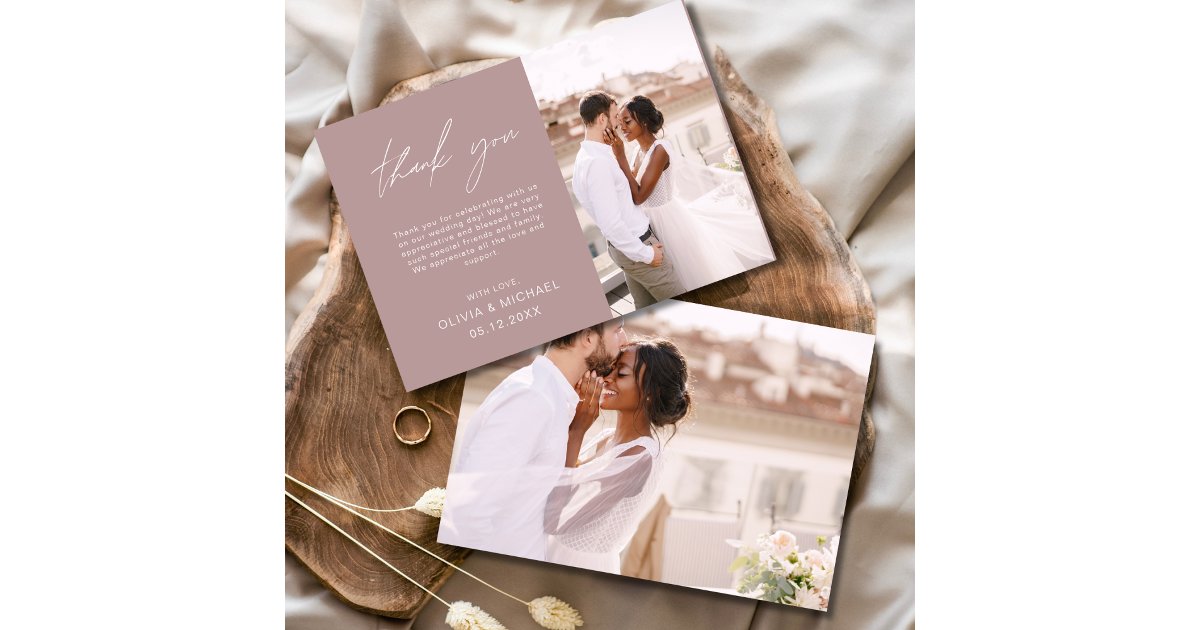 Mauve Elegant Script Photo Wedding Thank You Card | Zazzle