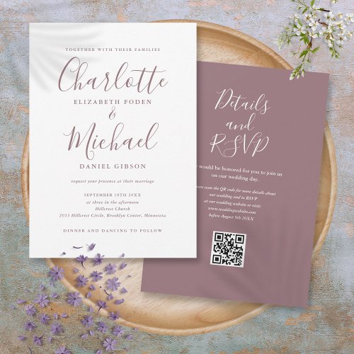 Mauve Elegant Script QR Code Wedding Invitation