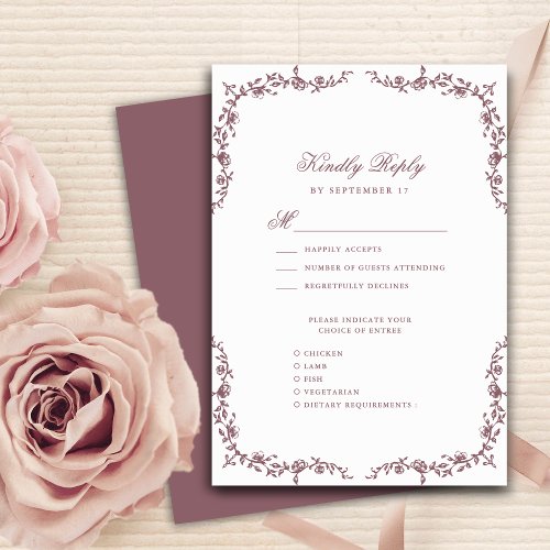 Mauve Elegant Vintage Floral Wedding RSVP Card