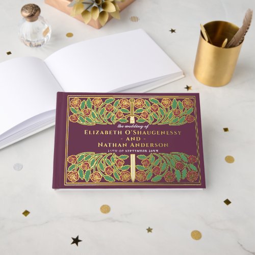 Mauve Fantasy Royal Medieval Floral Sword Wedding Foil Guest Book