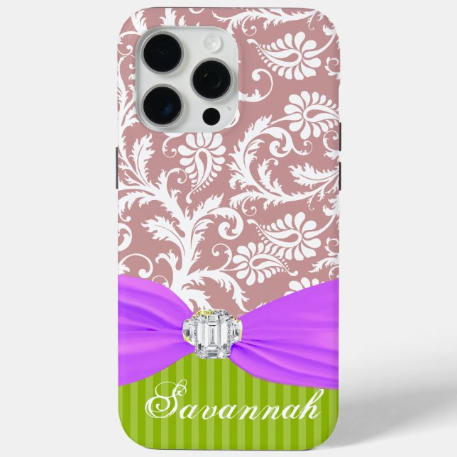 Mauve Faux Rhinstone Personalized Damask Case-Mate iPhone Case (Back)