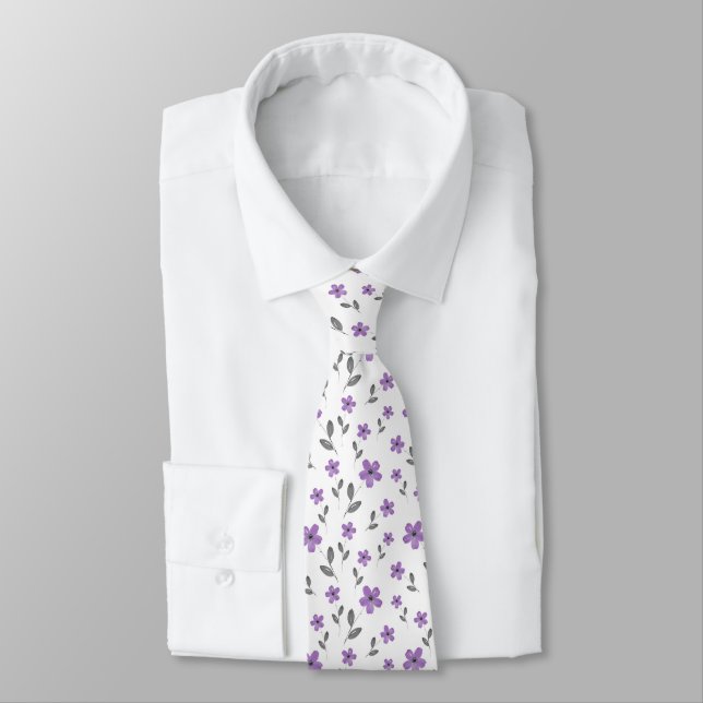 Mauve Five Petal Watercolor Flower Pattern  Neck Tie (Tied)