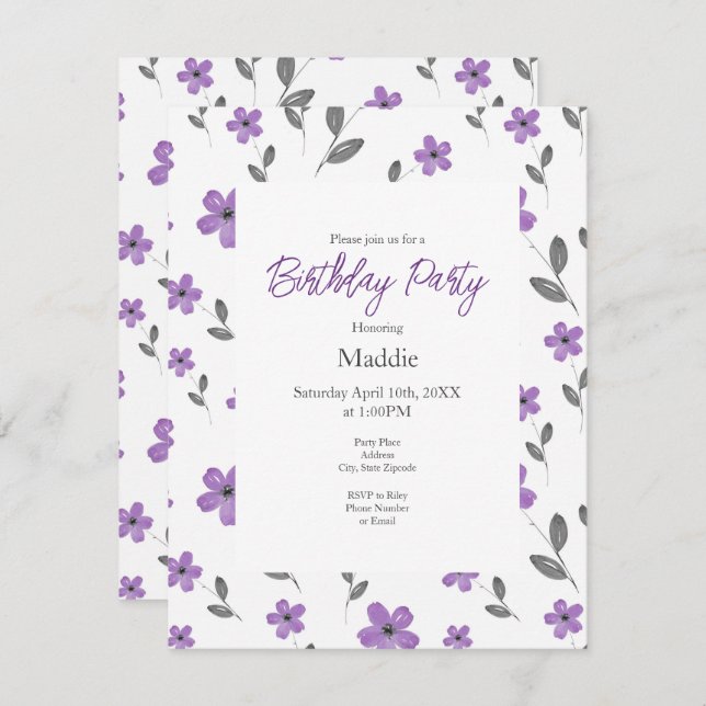 Mauve Five Petal Watercolor Flowers Pattern   Invitation (Front/Back)
