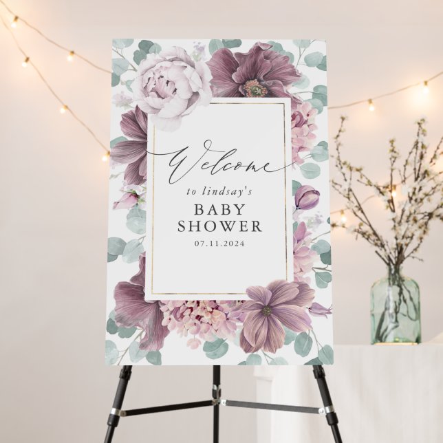 Mauve Floral Any Shower Welcome Sign (In Situ (Stand))