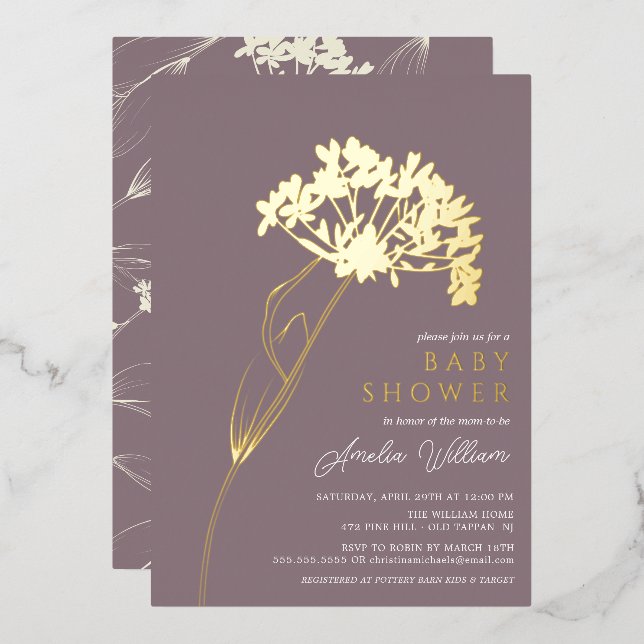 Mauve Floral Baby Shower Foil Invitation (Front/Back)