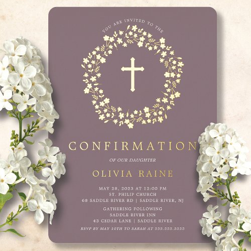 Mauve Floral Confirmation Foil Invitation