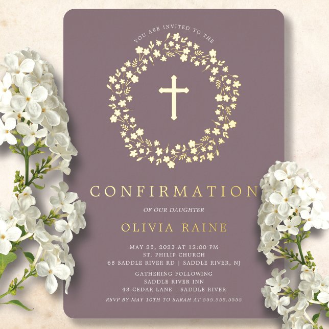 Mauve Floral Confirmation Foil Invitation (Creator Uploaded)