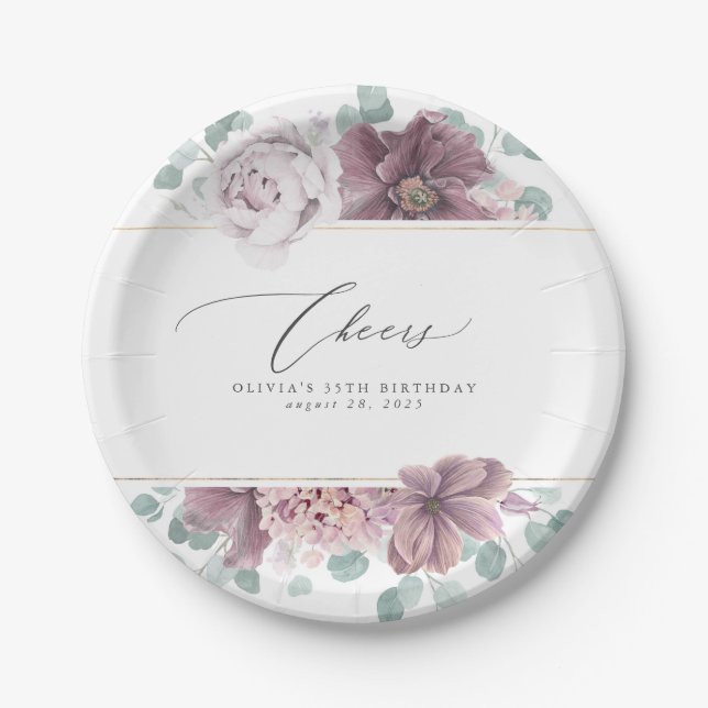 Mauve Floral Elegant Botanical Paper Plates (Front)