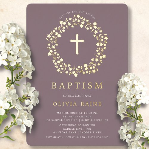 Mauve Floral First Baptism Foil Invitation