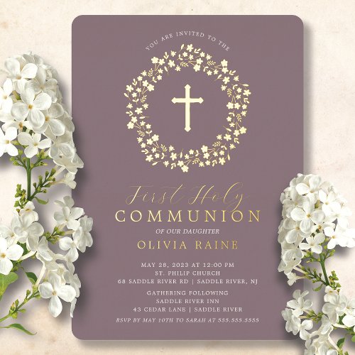 Mauve Floral Girls First Communion Foil Invitation