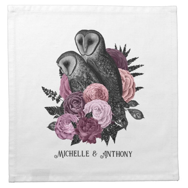 Mauve Floral Glam Gothic Owls  Cloth Napkin (Front)