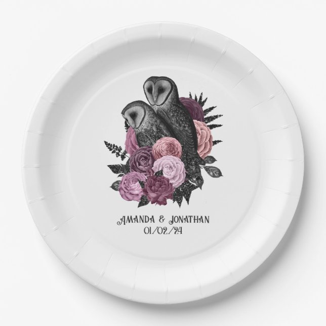 Mauve Floral Glam Gothic Owls  Paper Plates (Front)