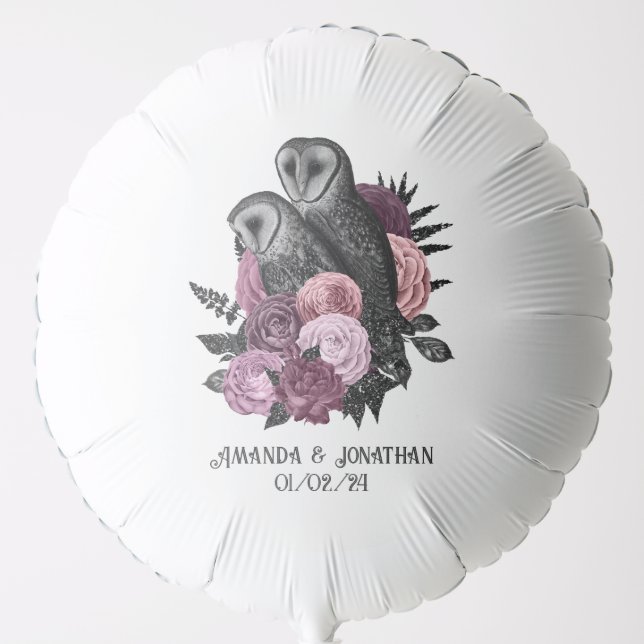 Mauve Floral Glam Gothic Owls Wedding Balloon (Front)