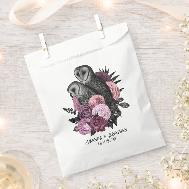 Mauve Floral Glam Gothic Owls Wedding Favor Bag (Clipped)