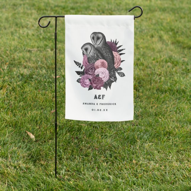 Mauve Floral Glam Gothic Owls Wedding Garden Flag (In SItu)