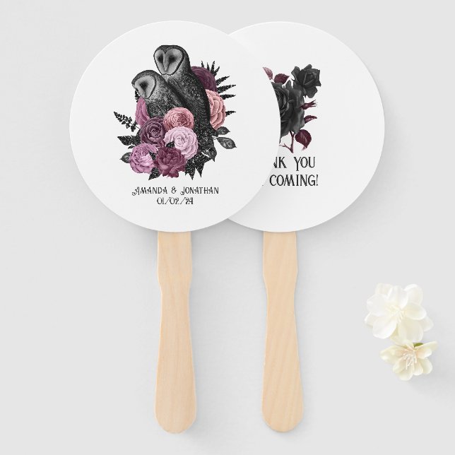 Mauve Floral Glam Gothic Owls Wedding Hand Fan (Front and Back)