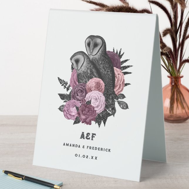 Mauve Floral Glam Gothic Owls Wedding Table Tent (In SItu (Table))