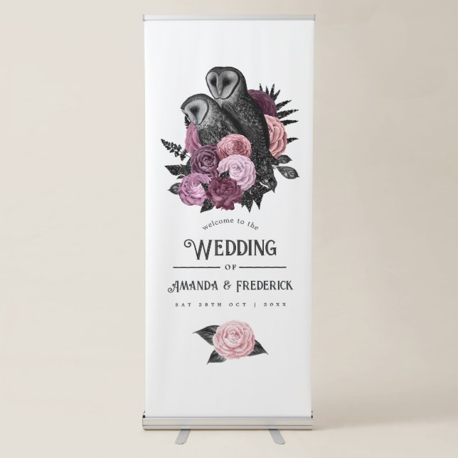 Mauve Floral Glam Gothic Owls Wedding Welcome Retractable Banner (Front)