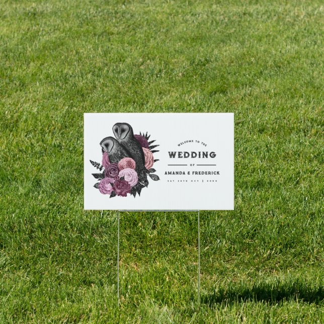 Mauve Floral Glam Gothic Owls Wedding Welcome Sign (Insitu)