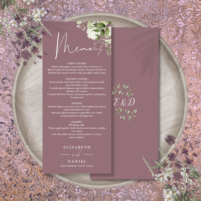 Mauve Floral Greenery Monogram Wedding Dinner Menu (Mauve Floral Greenery Monogram Wedding Dinner Menu)
